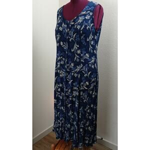 Dressbarn Sleeveless Button Front Maxi Dress 14 blue floral rayon slits 830777